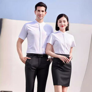 シャツ 男女兼用 ユニセックス スタンドカラー 半袖 ワイシャツ ビジネス オフィス 通勤 ワークウェア スリムフィット 細身 ホワイト 高品質 防シワ イージーケア ノーアイロン ポリエステ