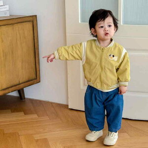 キッズ 男の子 ベースボールジャケット キャラクター ワッペン 韓国風 スタジャン ナイロン製 ブルゾン アウター 秋冬 カジュアル スモーキーブルー