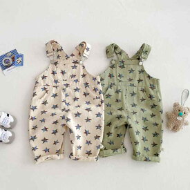 オーバーオール 女の子 キッズ 星柄 おしゃれ ワークテイスト 韓国風 綿 コットン ロング丈 春秋 アボカドグリーン アーモンドベージュ ミドルウエスト ゴムウエスト カジュアル