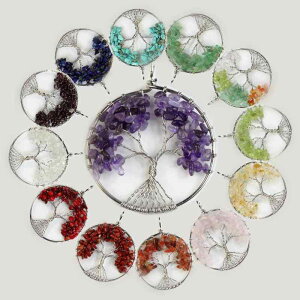 ネックレス 水晶ペンダント アメジスト さざれ石 天然石 丸型 銅線巻き 生命の樹 ペンデュラム パワーストーン ヒーリング お守り 電気メッキ加工 欧米風 ファッション 通勤 普段使い 選べ