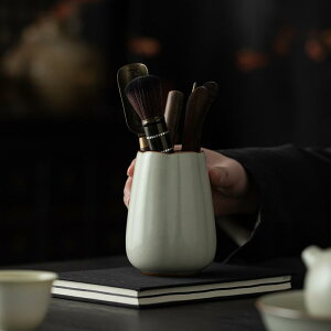 茶道具 汝窯 葵型 茶器6点セット クリームイエロー ベージュ 陶器 黒檀木 エボニー 小花瓶 花留め 筆筒 新中華風 和モダン 来客用 高級感