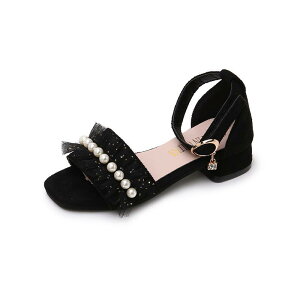 サンダル キッズ 女の子 ジュニア プリンセスシューズ ヒール付き リボン ソフトソール オープントゥ マジックテープ スエード調 ゴム底 ビーズ装飾 柔らかい 春夏 ブラック レッド ピンク