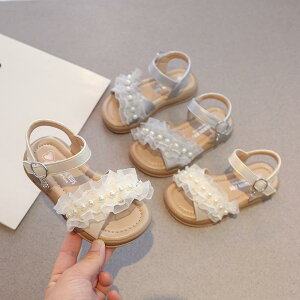 サンダル ガールズ 女の子 プリンセス風 春夏 韓国風 マジックテープ ビーズ飾り 子供靴 合皮 シルバー アイボリー