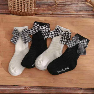 靴下 ベビー 千鳥格子柄 リボン 上質コットン 滑り止め ルームソックス 中厚手 無地 クルー丈 室内履き チェック柄 ホワイト ブラック ピンク