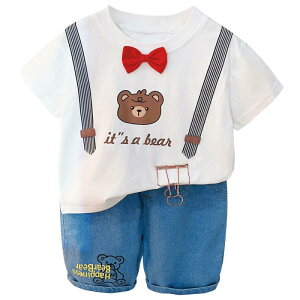 セットアップ 男の子 ベビー キッズ 半袖 Tシャツ ショートパンツ 2点セット 韓国風 カジュアル 綿 キャラクター クマ 蝶ネクタイ おしゃれ 吸湿 通気 春夏 普段使い ルームウェア