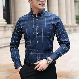 シャツ メンズ 長袖 ビジネス カジュアル スリムフィット アイロン不要 薄手 チェック柄 綿素材 ウォッシャブル レギュラーカラー 通勤 春秋