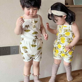 ルームウェア パジャマ キッズ 女の子 ベビー 男女兼用 北欧風 綿 コットン ワッフル生地 ベスト キャミソール タンクトップ セットアップ 上下セット 部屋着 夏 快適 アニマル柄 かわいい