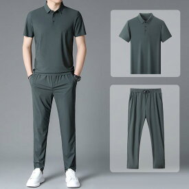 セットアップ メンズ 男性用 大人向け 100%桑蚕シルク 高級感 接触冷感 薄手 シームレス 半袖 ポロシャツ ロングパンツ カジュアル ビジネス 春夏 ツーピース