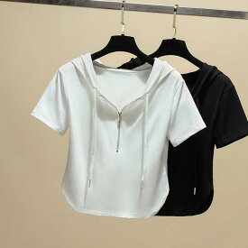 パーカー レディース 半袖 ショート丈 クロップド丈 ジップアップ フーディ リブ 無地 ラウンドヘム 春夏 レーヨン スリムフィット きれいめ カジュアル デイリーユース トップス(x2)