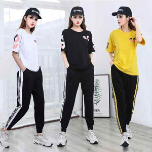 運動ウェア レディース カジュアル 半袖 セットアップ 上下セット 春夏 接触冷感 綿混 ストライプ スポーツ フィットネス ダンス トレーニング(x2)