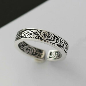 指輪 男女兼用 シルバーメッキ レトロ アンティーク調 唐草模様 ヴィンテージ加工 フリーサイズ カジュアルスタイル アクセント 装飾品 ファッションリング 秋冬