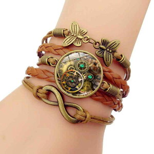 ブレスレット ユニセックス 男女兼用 スチームパンク 機械式 歯車 インフィニティ 蝶 モチーフ ストーン 多層 編み込み 重ね付け風 合皮 レザー調 ブラウン レトロ 普段使い 春夏