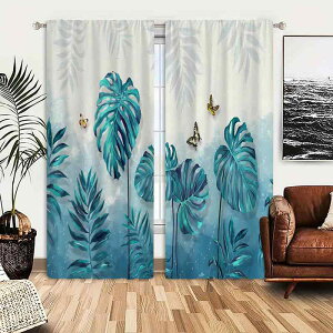 カーテン ポリエステル 防水 防カビ 高遮光 ハトメカーテン リビング 寝室 オフィス キッチン 書斎 モダン シンプル おしゃれ 北欧 グリーンリーフ プリント柄 厚手(x2)