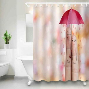 シャワーカーテン 3D カップルキャラクター 恋愛モチーフ かわいい 防水加工 厚手 ポリエステル生地 デジタルプリント 浴室 バスルーム用 間仕切り フック付き