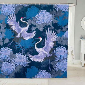 シャワーカーテン ダークブルー 鶴 菊柄 デジタルプリント 防水 ポリエステル製 バスルーム 浴室 目隠し 間仕切り 高級感 アジアンテイスト 和風