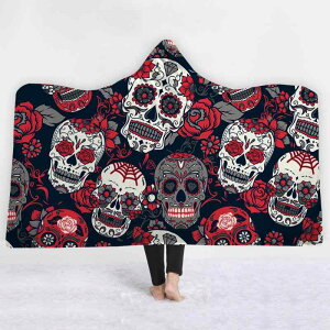 ブランケット 着る毛布 フード付き ポンチョ 厚手 二重構造 ポリエステル フリース スカル柄 ドクロ 3Dプリント 立体デザイン 秋冬 防寒 ルームウェア 部屋着