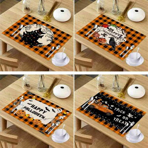 ランチョンマット ハロウィン 格子柄 防水 撥水 リネン 麻 テーブルクロス プレイスマット 長方形 食卓 モダン シンプル おしゃれ かわいい ダイニング 洗える(x4)