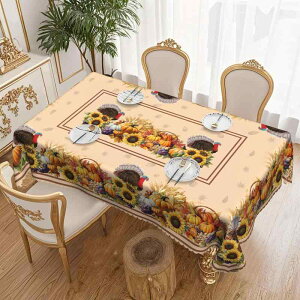 テーブルクロス 秋 感謝祭 ポリエステル 七面鳥 カボチャ ひまわり 柄 長方形 撥水 防汚 汚れ防止 リビング ダイニング キッチン インテリア 装飾 レトロ プリント