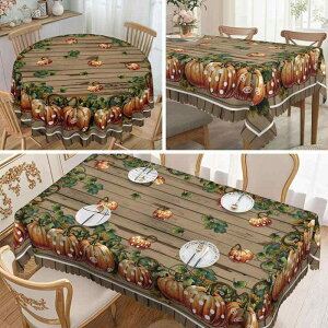 テーブルクロス 秋 カントリー調 木目調 カボチャ花柄 長方形 ポリエステル製 防水 防油 レトロ おしゃれ 食卓 ダイニング ハロウィン パーティー
