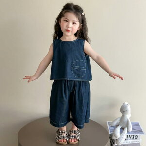キッズ 女の子 セットアップ 春夏 上下セット デニム ベスト ノースリーブ ショートパンツ ハーフパンツ 2点セット かわいい おしゃれ ブルー 子供服 カジュアル 普段着 お出かけ ポリエステ