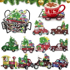コースター DIY ダイヤモンドアート 木製 車柄 10個セット クリスマス 手作りキット プレゼント ギフト 卓上飾り カラフル 親子体験 趣味(x2)