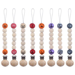 おしゃぶりホルダー ベビー 赤ちゃん 木製 ウッドビーズ ハロウィン キャラクター ドクロ カボチャ 魔女 かわいい 柄 落下防止 紛失防止 ストラップ 乳幼児用(x3)