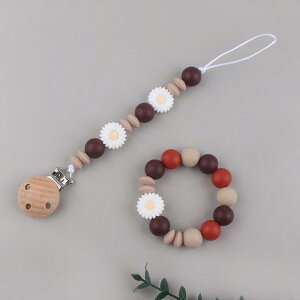 ベビー用おしゃぶりホルダー 新生児 乳幼児用 歯固め ストラップ シリコン ブナ材 デイジー 落下防止クリップ かわいい おしゃれ お出かけ 赤ちゃん 歯がため DIYブレスレット 2点セット 白