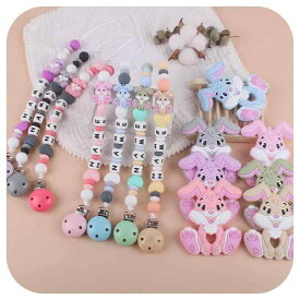 ベビー用品 赤ちゃん 乳幼児用 シリコン 天然木 おしゃぶりチェーン 歯固め うさぎ デザイン 噛むおもちゃ 落下防止 ファーストトイ 多機能 安心安全 カラフルセット