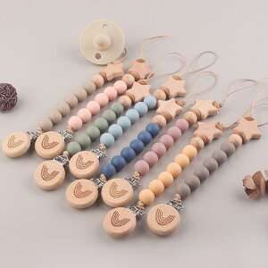 ベビー用品 おしゃぶりホルダー 赤ちゃん 乳幼児 ブナ材 木製 シリコンビーズ 星型デザイン 落下防止 紛失防止 ストラップ 歯固め かわいい 出産祝い ギフト プレゼント(x3)