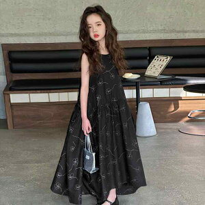 ワンピース キッズ 女の子 ジュニア 子供服 ノースリーブ Aライン ロング丈 韓国風 おしゃれ トレンド 綿 コットン 刺繍 花柄 夏 普段使い お出かけ 黒 ブラック