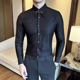 シャツ メンズ 男性用 長袖 スリムフィット 無地 ワイドカラー ブリットッシュスタイル ポリエステル ノーアイロン イージーケア カジュアル ビジネス 普段使い 春夏