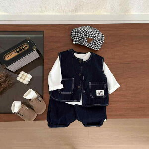 ベスト キッズ 男の子 ベビー ソフトデニム 綿 韓国風 レトロ ヴィンテージ 前ボタン フードなし 春秋 カジュアル アウター トップス