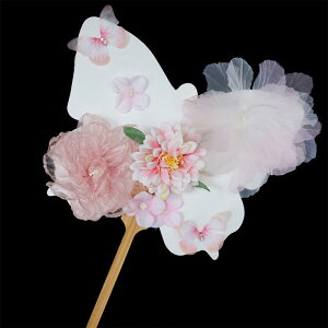 うちわ レトロ アンティーク風 手持ち 団扇 円形 丸型 中華風 蝶柄 紙製 造花飾り 漢服 撮影用 小物 ダンス 舞台 演出 竹製 木製 ハンドメイド ピンク 緑