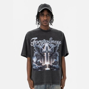 Tシャツ メンズ 320グラム ヘビーウェイト 肉厚 綿 コットン ゆったり オーバーサイズ ビッグシルエット ストリート系 欧米風 ゴシック アルファベット プリント ロゴ クルーネック 半袖 ショ