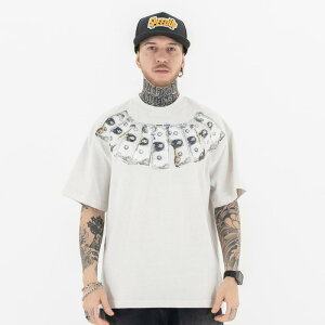 Tシャツ メンズ 男性用 春夏 ゆったり ビッグシルエット ドロップショルダー 半袖 クルーネック ドル札 立体プリント ネックレスデザイン 綿100% カジュアル ストリート系 レトロ 厚手 アプリ