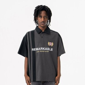 シャツ メンズ 男性用 春夏 アメリカン レトロ ハイストリート ジャージ風 襟付き 半袖 ドロップショルダー ルーズフィット ビッグシルエット コットン プリント 幾何学模様 カジュアル 普