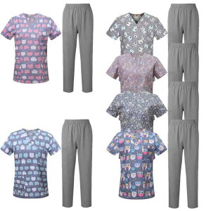 スクラブ 男女兼用 医療用 ナース服 半袖 Vネック 速乾 吸汗速乾 綿混 ストレッチ プリント柄 エステサロン 歯科医院 ユニフォーム ワークウェア 春夏秋