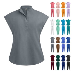 スクラブ 男女兼用 医療用ユニフォーム 病院 歯科医院 エステサロン 美容院 看護師 医師 介護士 スタンドカラー ドルマンスリーブ 半袖 長ズボン 上下セット 吸湿速乾 ポリエステル ストレ