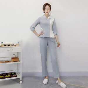 制服 レディース 美容院 エステ サロン SPA ユニフォーム 施術服 七分袖 吸湿速乾 ポリエステル セットアップ フットケア セラピスト 業務用 作業着 ライトブルー 春夏(x2)