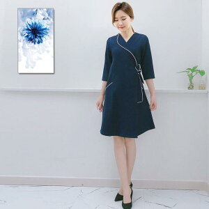ワンピース レディース 美容師 エステ サロン 制服 ユニフォーム 秋冬 高品質 高級感 おしゃれ ファッション 七分袖 吸湿速乾 ポリエステル 紺色 施術着(x2)