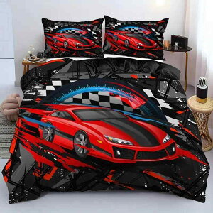 布団カバーセット 男の子向け シングル レーシングカー柄 レッド 3Dデジタルプリント 掛け布団カバー 枕カバー ポリエステル 北欧風 モダン 寝室用 3点セット