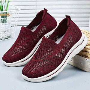 シューズ レディース ママ シニア向け カジュアル コンフォート スリッポン 通気性 耐摩耗性 フライニット メッシュ ラウンドトゥ 春夏秋 ブラック レッド ピンク