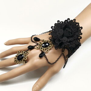 アクセサリー レディース 黒 レース バラ フラワー モチーフ クリスタル ビーズ 一体型 ブレスレット 指輪 欧米風 レトロ エレガント 上品 華やか 普段使い パーティー フォーマル ジュエリ