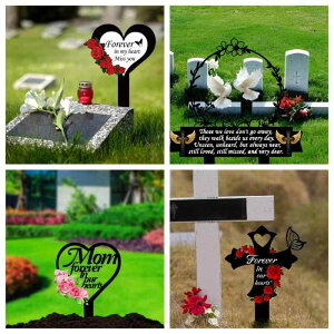 墓標 永遠の心に アクリル製 2D ガーデンピック 屋外 庭園用 追悼 記念 ペット供養 植物 花柄デザイン 黒色 メモリアルプレート 供養碑