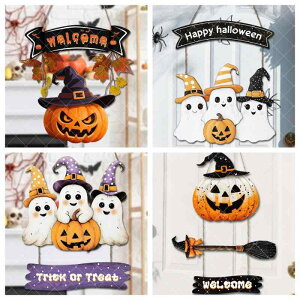 吊り下げ飾り ハロウィン カボチャ パンプキン ゴースト 白いお化け 木製 ウッド オブジェ ドアプレート 窓飾り 玄関装飾 クラシック 定番 インテリア デコレーション(x2)