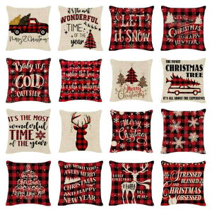 クッションカバー クリスマス トナカイ トラック アルファベット チェック柄 リネン ポリエステル製 ブラックレッド ミックスカラー 北欧風 リビング インテリア おしゃれ 上品 45cm角(x2)