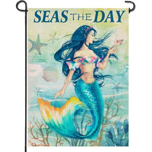 旗 マリン 人魚 珊瑚 デザイン フラッグ 庭 ガーデン 芝生 屋外 ウェルカム 麻 リネン おしゃれ デコレーション 季節 イベント 祝日用 インテリア 飾り(x2)