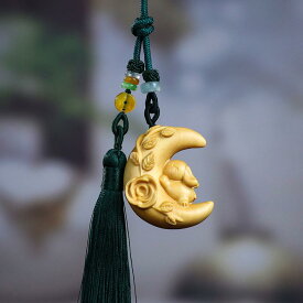 キーホルダー 黄楊木彫り 干支 卯年 ウサギ 月うさぎ ペンダント ストラップ バッグチャーム 新中国風 モダンチャイニーズ 手持ち飾り 置き物 工芸品 天然木製 精巧