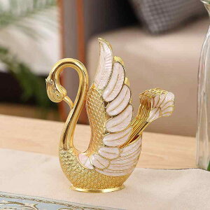 カトラリーセット 金属製 欧風 白鳥 スワンスタンド 家庭用 フルーツフォーク デザート匙 コーヒースプーン 6本組 亜鉛合金 ゴールド シンプル おしゃれ