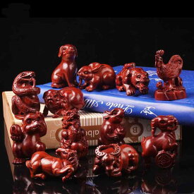 木彫り 置物 小葉紫檀木 十二支 干支 動物 フルセット 中国風 彫刻 フィギュア インテリア オブジェ 開運 縁起物 美術工芸品 飾り